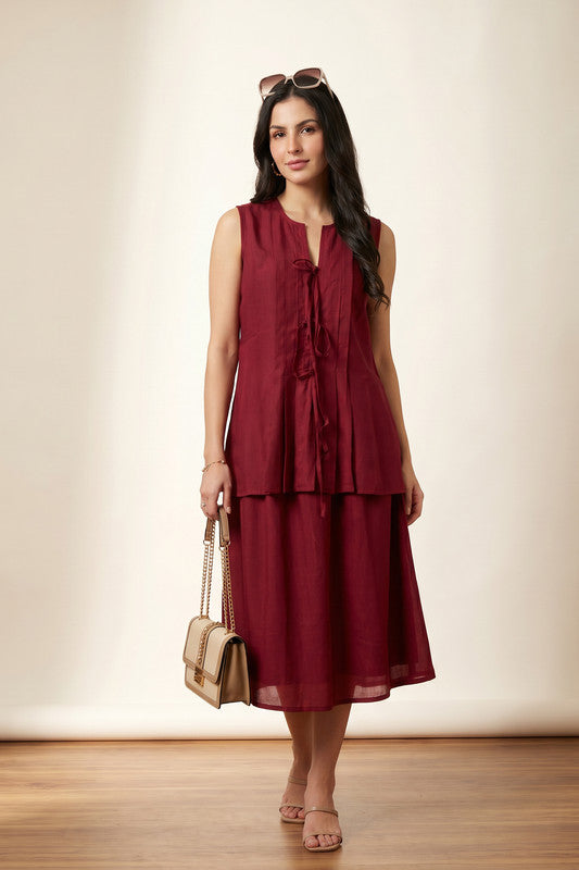 Red Tie-Up Top with Flared Skirt Sleeveless Solid Casual Russian Silk Co-ord Set