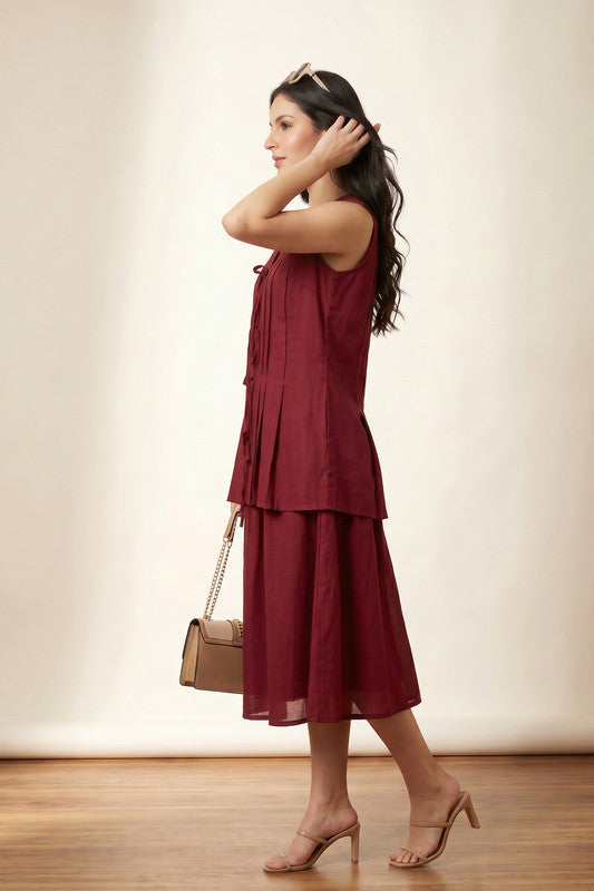 Red Tie-Up Top with Flared Skirt Sleeveless Solid Casual Russian Silk Co-ord Set