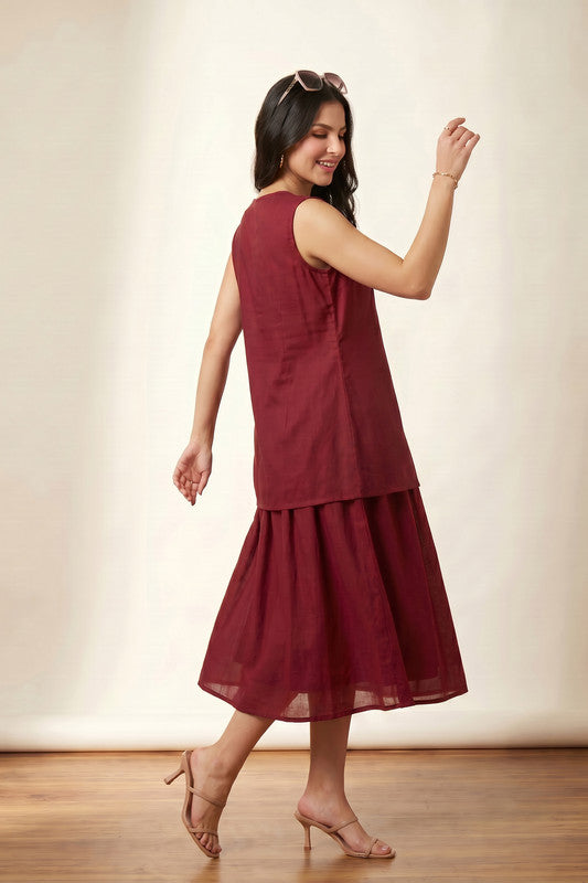 Red Tie-Up Top with Flared Skirt Sleeveless Solid Casual Russian Silk Co-ord Set