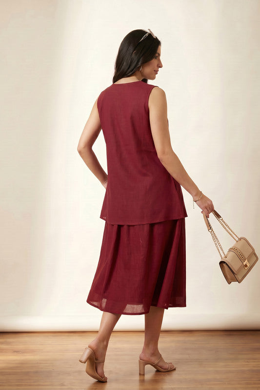 Red Tie-Up Top with Flared Skirt Sleeveless Solid Casual Russian Silk Co-ord Set