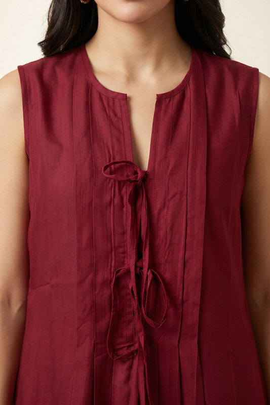 Red Tie-Up Top with Flared Skirt Sleeveless Solid Casual Russian Silk Co-ord Set