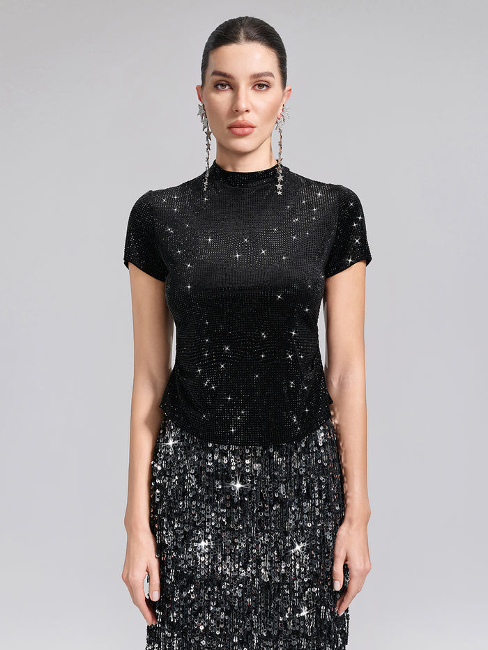Rhinestoned Velvet Short-Sleeve Top