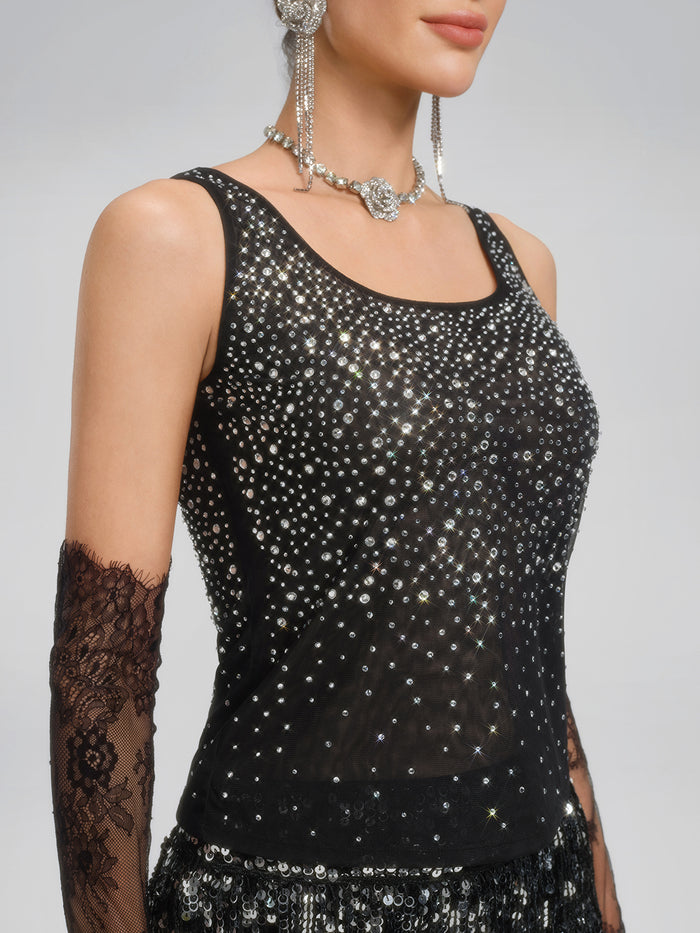 Rhinestones Mesh U-Neck Fitted Sleeveless Top