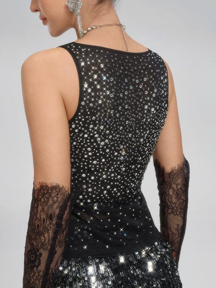 Rhinestones Mesh U-Neck Fitted Sleeveless Top