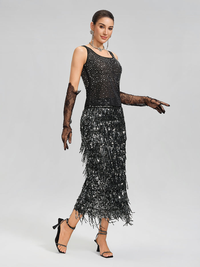 Rhinestones Mesh U-Neck Fitted Sleeveless Top