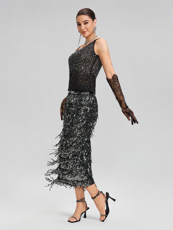 Rhinestones Mesh U-Neck Fitted Sleeveless Top
