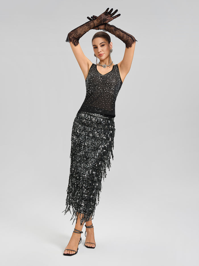 Rhinestones Mesh U-Neck Fitted Sleeveless Top