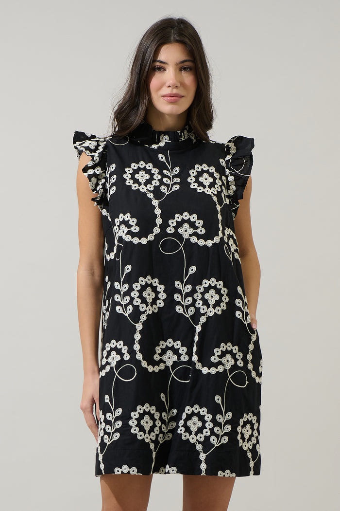 Rindy Eyelet Ruffle Mock Neck Mini Dress