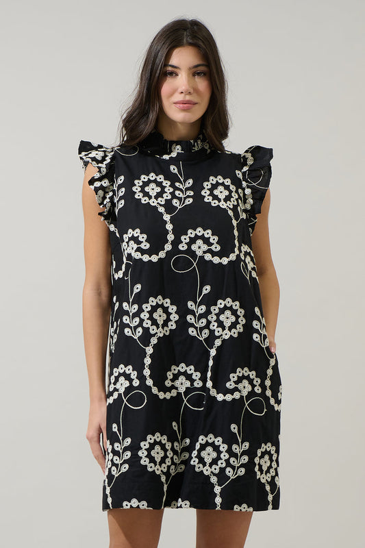 Rindy Eyelet Ruffle Mock Neck Mini Dress