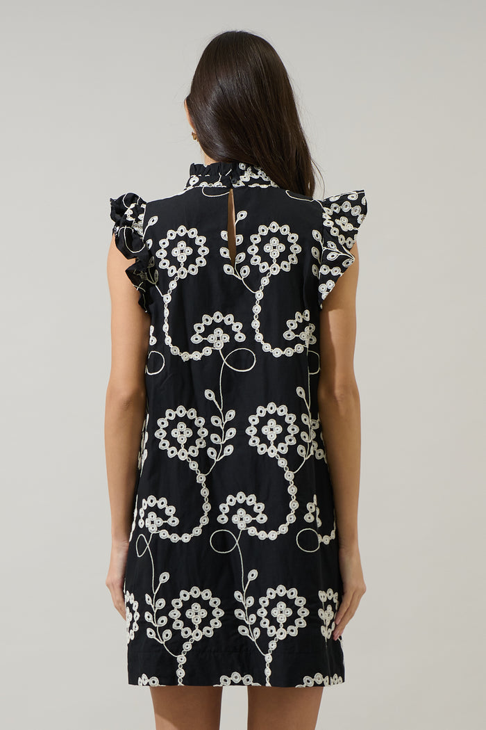 Rindy Eyelet Ruffle Mock Neck Mini Dress