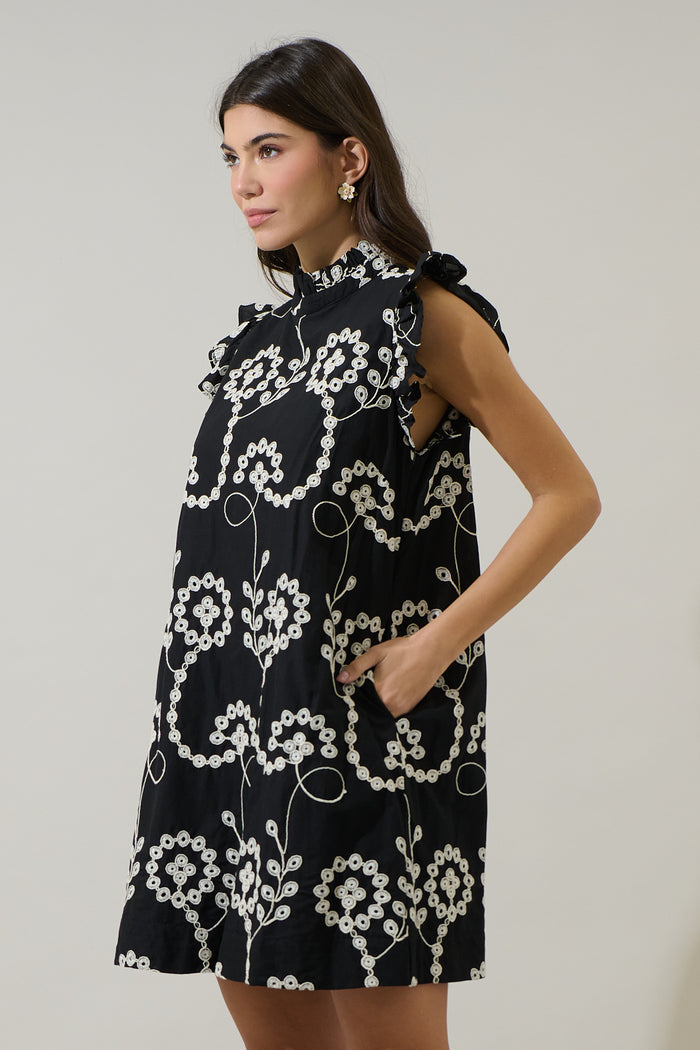 Rindy Eyelet Ruffle Mock Neck Mini Dress