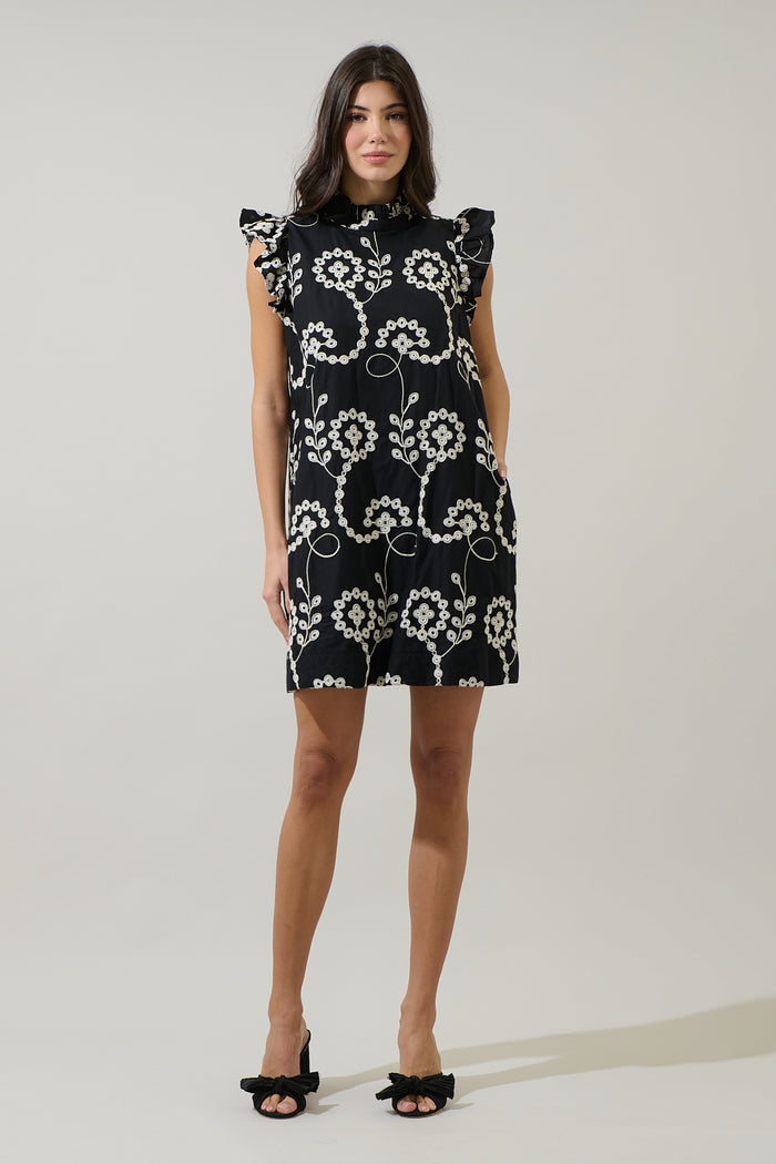 Rindy Eyelet Ruffle Mock Neck Mini Dress