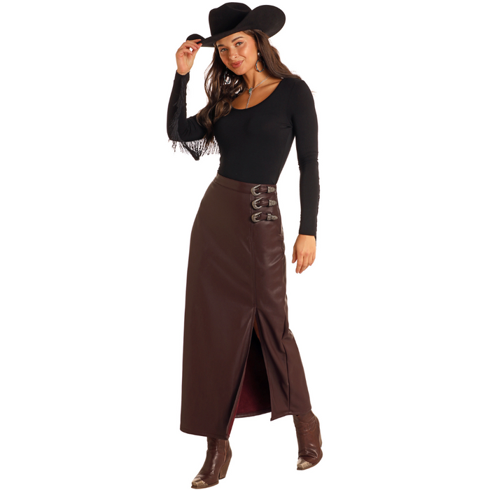 Rock & Roll Denim Faux Leather Maxi Skirt - Wine