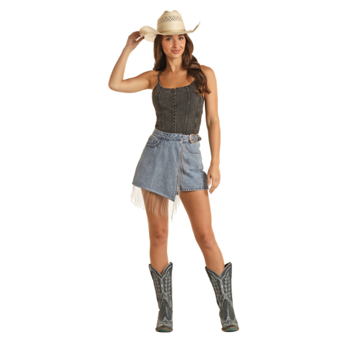 Rock & Roll Denim High Rise Western Skort W/ Chain Fringe