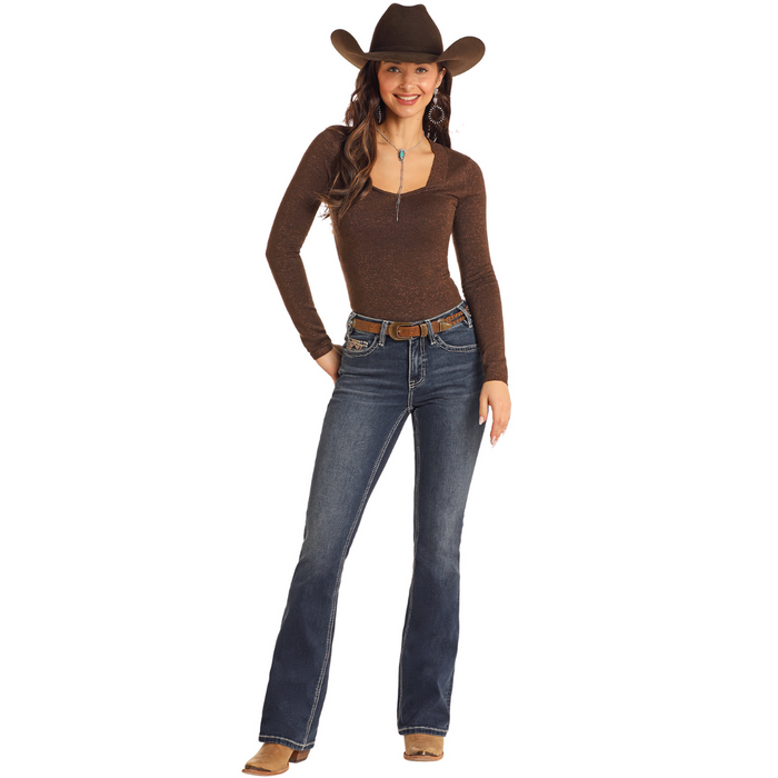 Rock & Roll Denim Mid Rise Extra Stretch Steer Head Embroidered Bootcut Jeans
