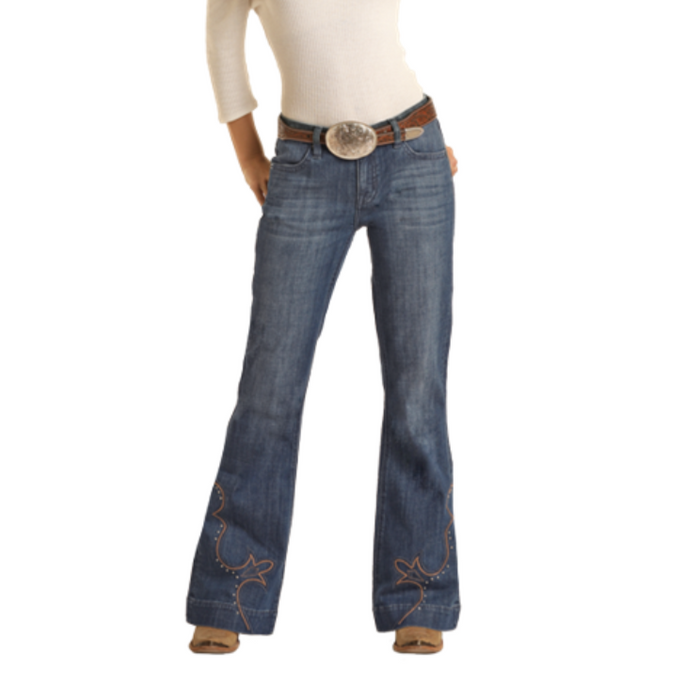 Rock & Roll Denim Mid Rise Trouser Jeans w/ Western Embroidery