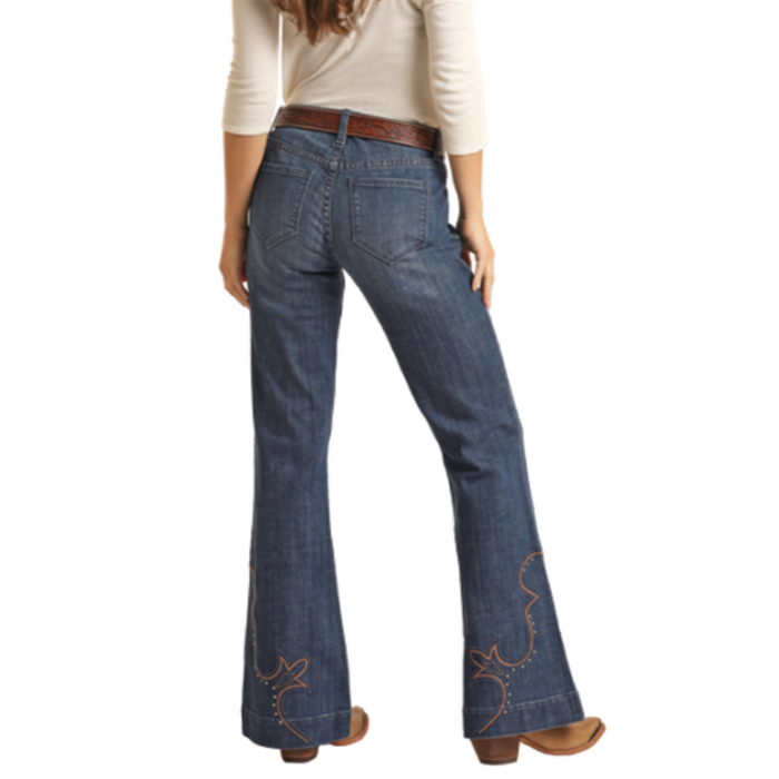 Rock & Roll Denim Mid Rise Trouser Jeans w/ Western Embroidery