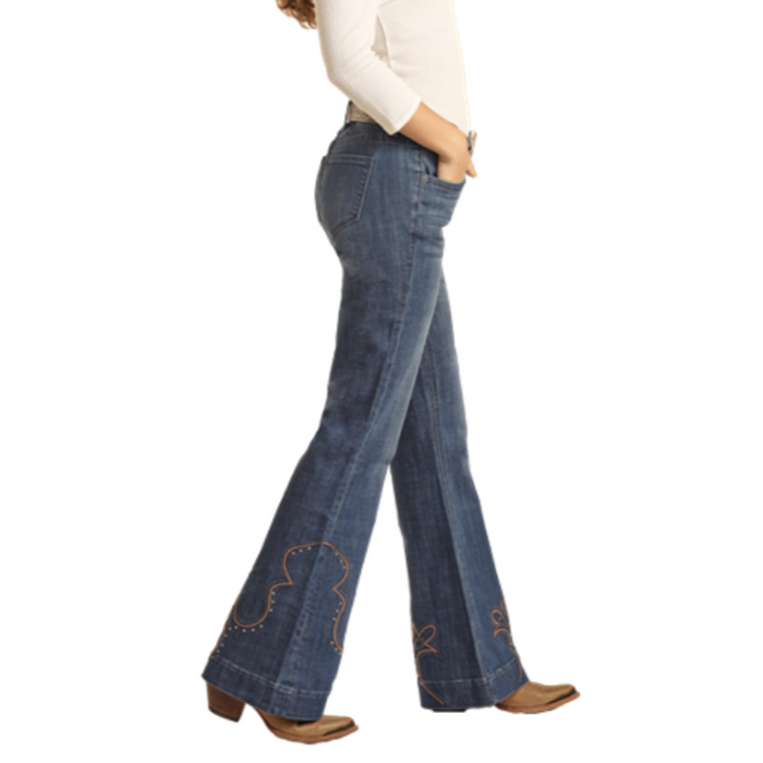Rock & Roll Denim Mid Rise Trouser Jeans w/ Western Embroidery
