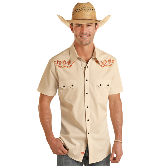 Rock & Roll Denim Tek Double Pocket Embroidered Short Sleeve Snap Shirt