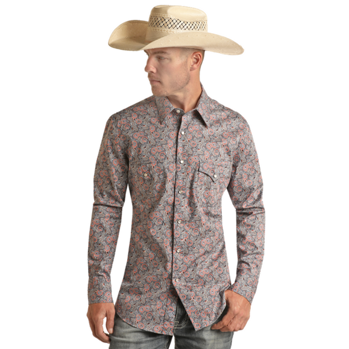 Rock & Roll Denim Tek Paisley Long Sleeve Snap Shirt- Orange