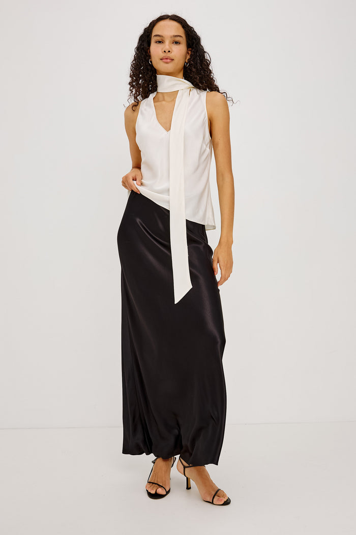 Romina Midi Skirt in Satin Back Crepe With Bias Cut in Ginger Spotted Colorway - Full Body Front View Featured on Model