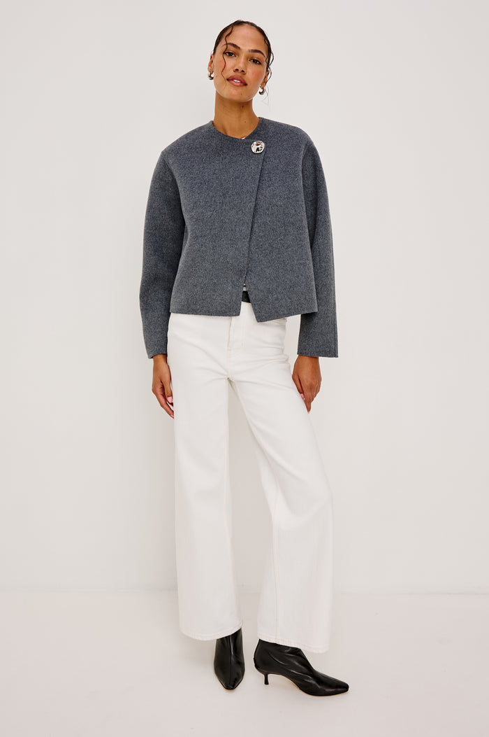 Ronda Jacket in Heavy Wool Blend With Boxy Wrap Style Design, Front Molded Metallic Button Closure, Long Sleeves, and is Unlined in Heater Charcoal Colorway - Full Body Front View Featured on Model