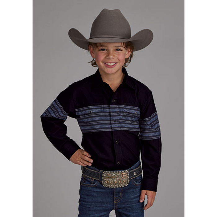 Roper Boy's Border Stripe Black/Blue Long Sleeve Snap Shirt