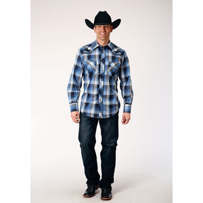 Roper Men's Blue Plaid Embroidered Long Sleeve Snap Western Shirt