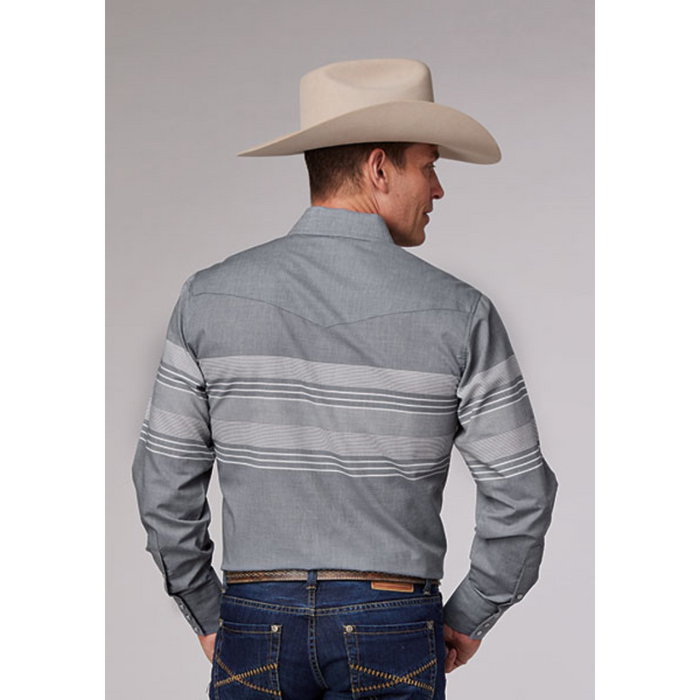 Roper Men's Border Stripe Grey Long Sleeve Snap Shirt
