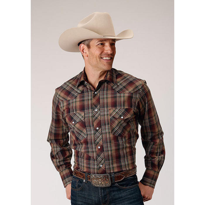 Roper Men's Brown/Green Plaid Long Sleeve Snap Shirt