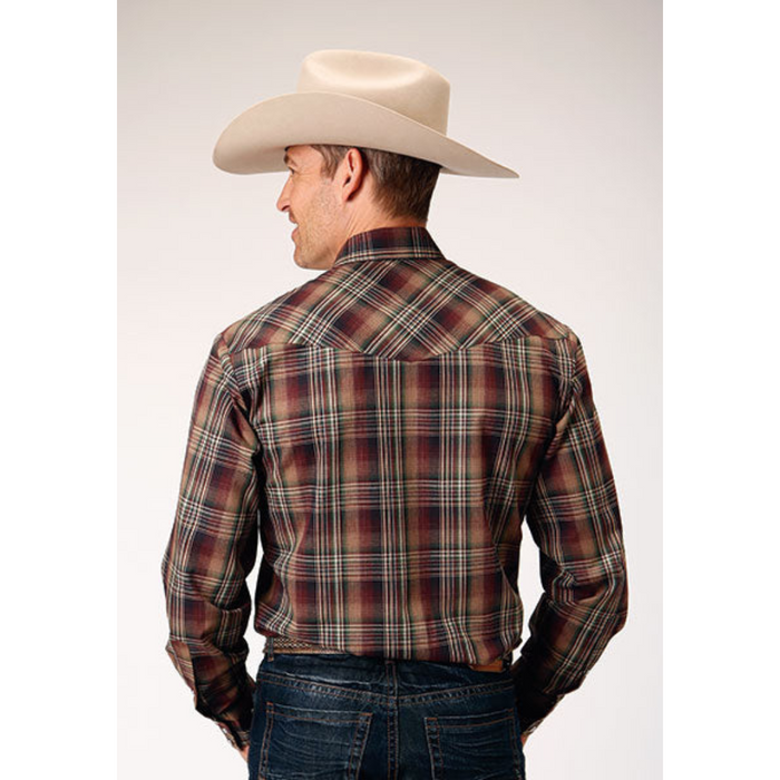 Roper Men's Brown/Green Plaid Long Sleeve Snap Shirt