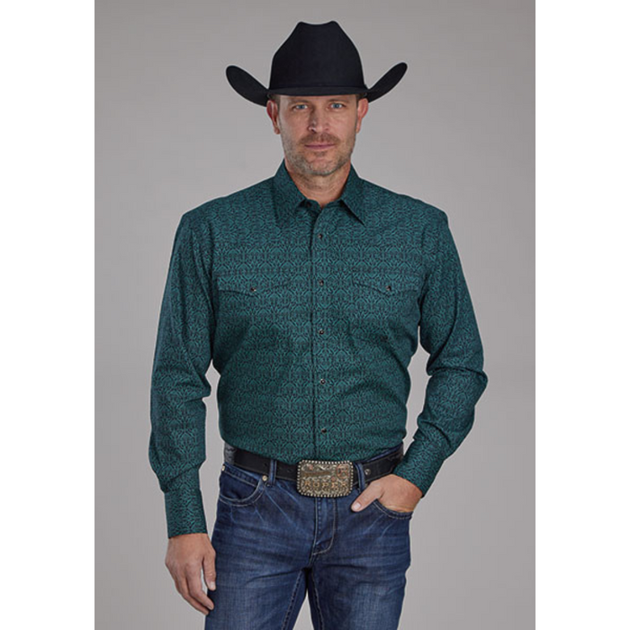Roper Men's Medallion Green Long Sleeve Snap Shirt