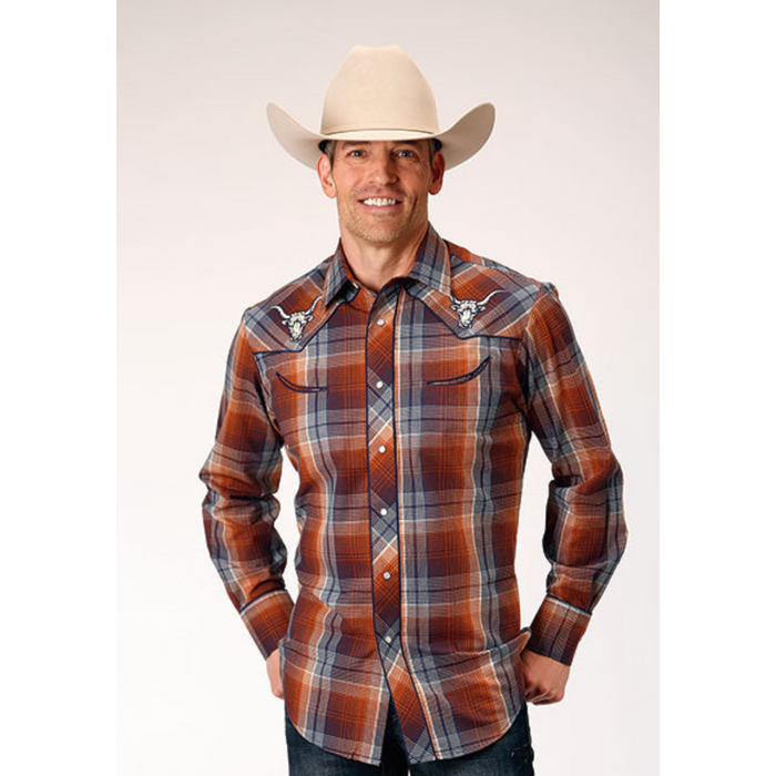 Roper Men's Red Plaid Embroidered Long Sleeve Snap Western Shirt