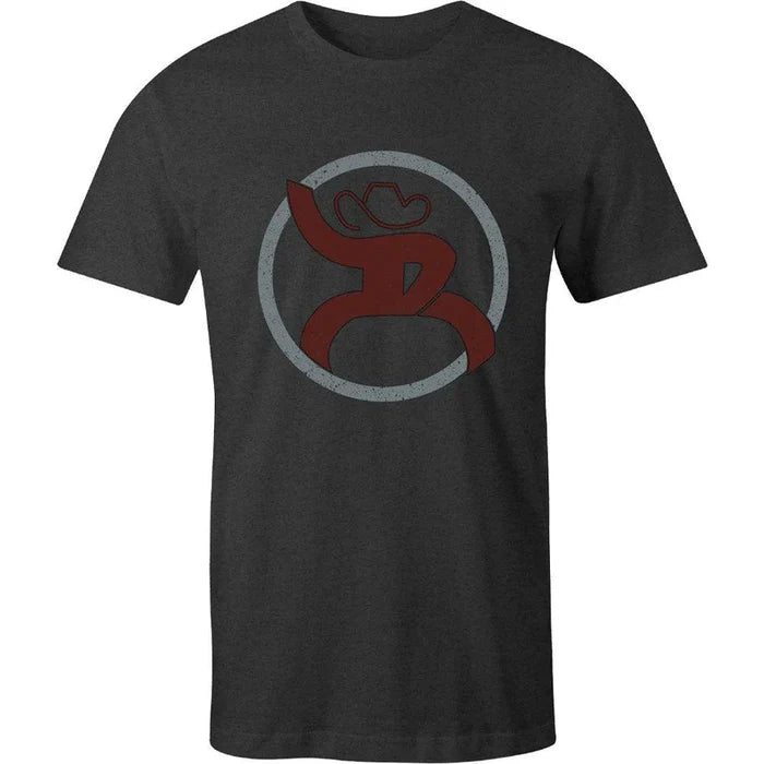 Black t-shirt with a red and gray logo on a white background