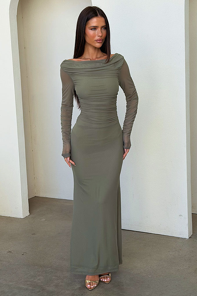 Rowan Long Sleeve Mesh Maxi Dress - Khaki