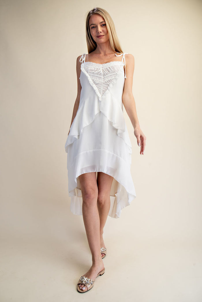 Ruffles High Low Midi Dress - WHITE