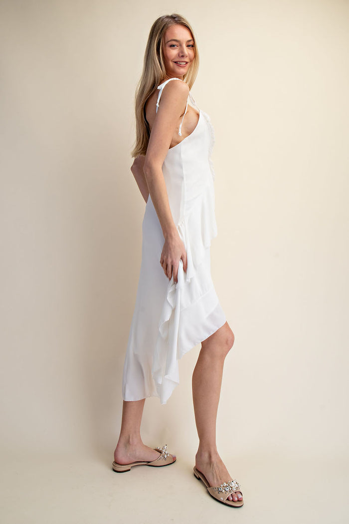 Ruffles High Low Midi Dress - WHITE
