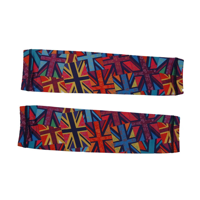 Colorful arm sleeves with bold geometric Union Jack flag patterns in red, blue, yellow, and orange
