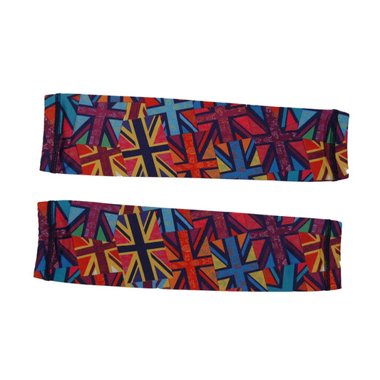 Colorful arm sleeves with bold geometric Union Jack flag patterns in red, blue, yellow, and orange