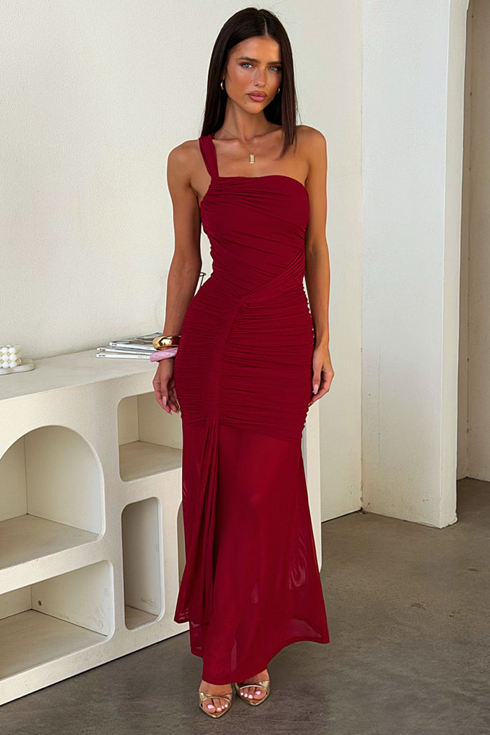 Salvatore One Shoulder Mesh Maxi Dress - Burgundy