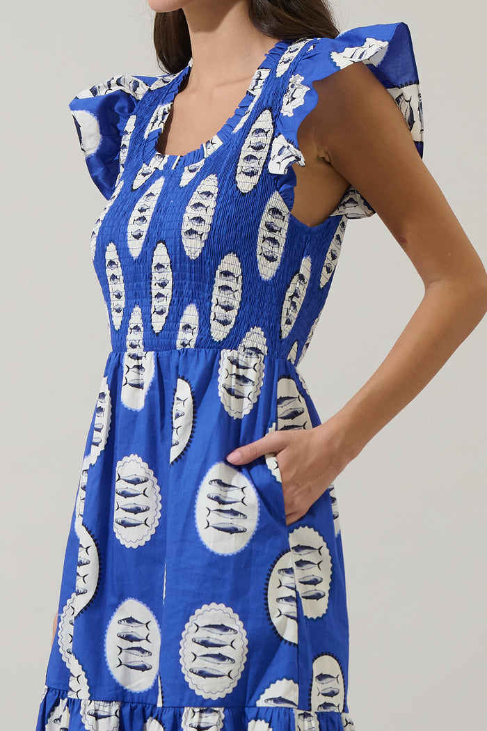 Sardine Sea Glare Smock Tiered Midi Dress