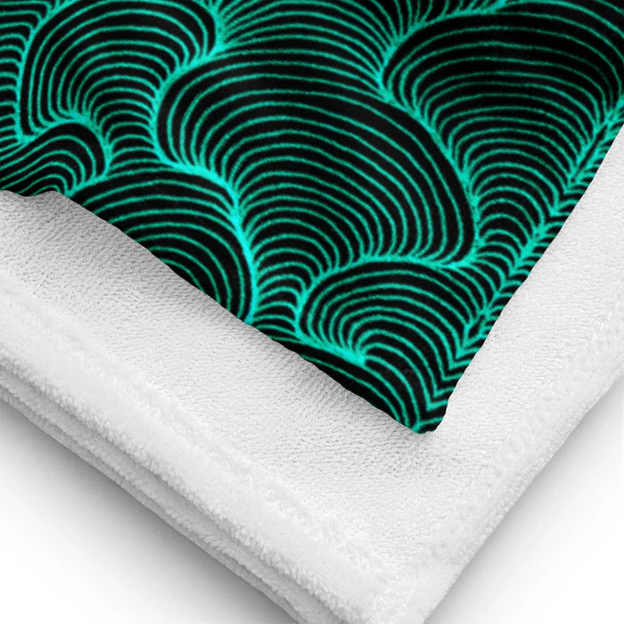 Scribblewave Beach Towel - The vibrating contrast of shaky electric cyan (#00FFFF) lines forming a chaotic Seigaiha wave pattern against a void black (#000000) backdrop.