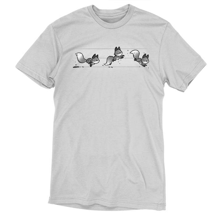 Premium Cotton T-shirt_TeeTurtle See Fox Run silver gray t-shirt featuring 3 gray cartoon foxes running in a line.