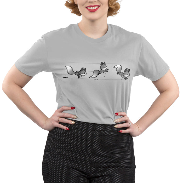 Premium Cotton T-shirt_TeeTurtle See Fox Run silver gray t-shirt featuring 3 gray cartoon foxes running in a line.