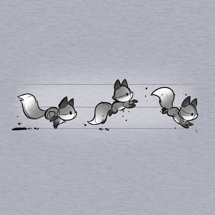 Classic Cotton T-shirt_TeeTurtle See Fox Run silver heather gray t-shirt featuring 3 gray cartoon foxes running in a line.