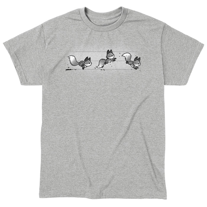 Classic Cotton T-shirt_TeeTurtle See Fox Run silver heather gray t-shirt featuring 3 gray cartoon foxes running in a line.
