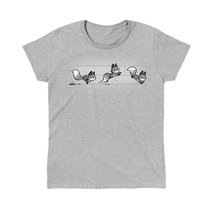 Classic Cotton T-shirt_TeeTurtle See Fox Run silver heather gray t-shirt featuring 3 gray cartoon foxes running in a line.