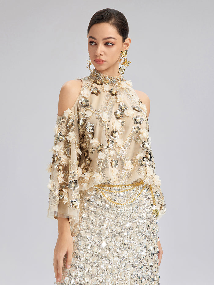 Sequin Floral Embroidery Cold-Shoulder Top