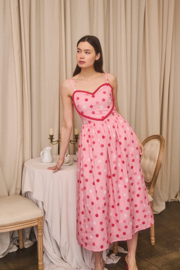 Serry Polka Dot Heart Smocked Midi Dress