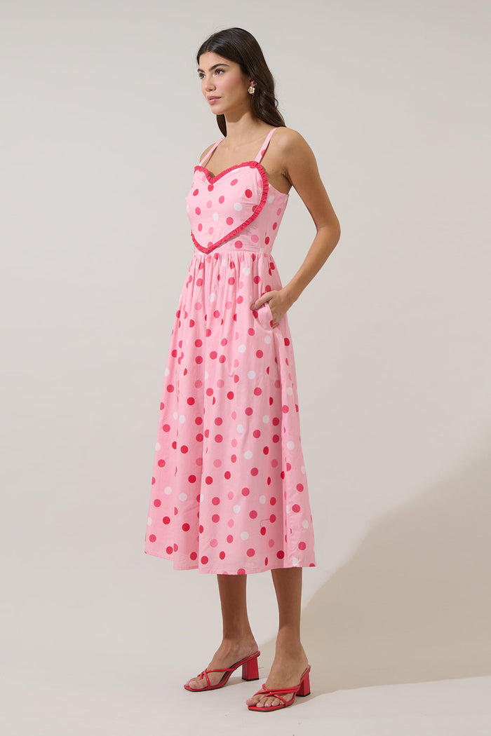 Serry Polka Dot Heart Smocked Midi Dress